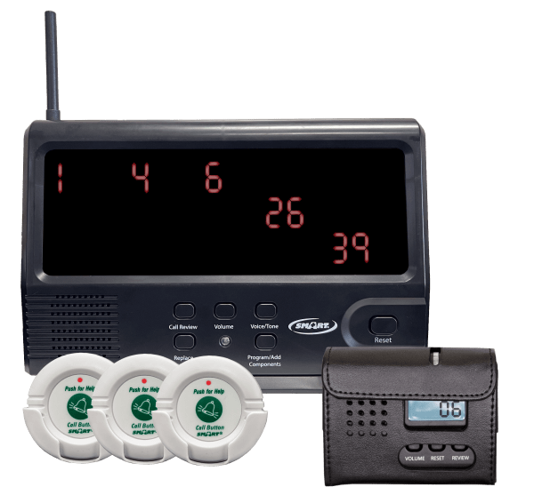 Starter system – comes with 3 pre-programmed buttons and a Caregiver Pager Caregiver Call Systems